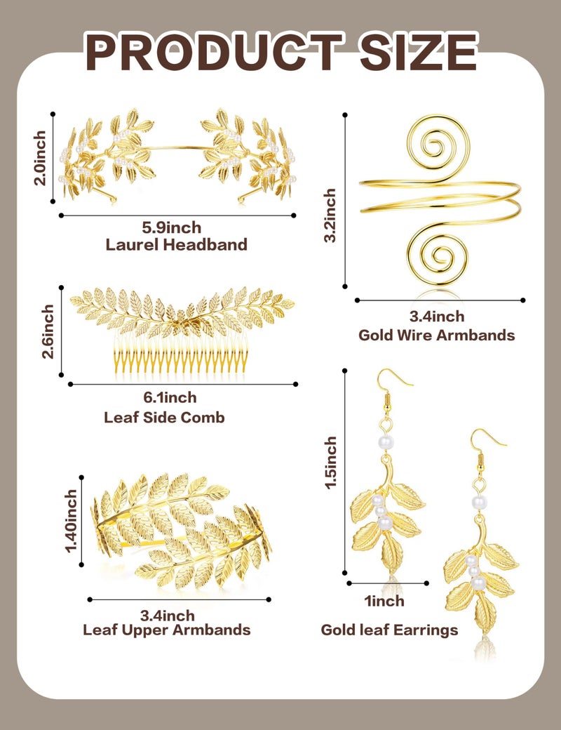 LOYALLOOK 5Sets Grecian Goddess Costume Accessories Set Greek Leaf Headband Coil Bracelet Artificial Pearl Earrings Golden Leaves Bridal Hair Comb for Women Wedding Party - Image 2